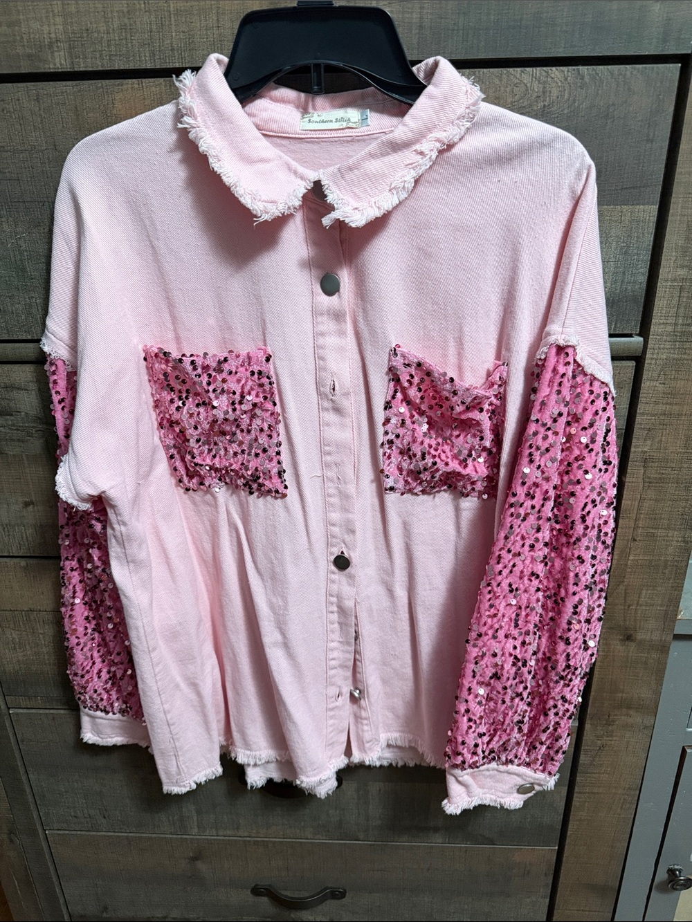 Southern Stitch Pink Sequin Sleeve Denim Jacket Size L Sparkle Statement